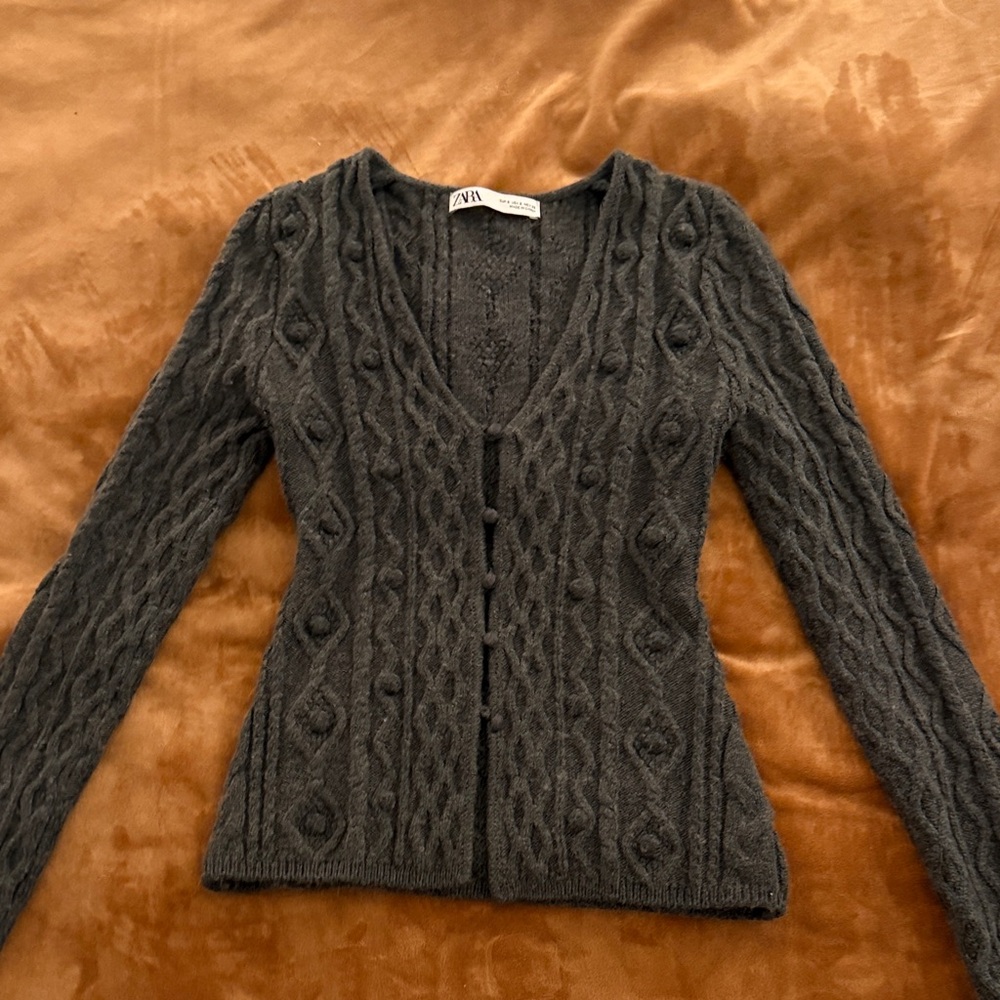 Zara Charcoal V-Neck Cable Sweater
